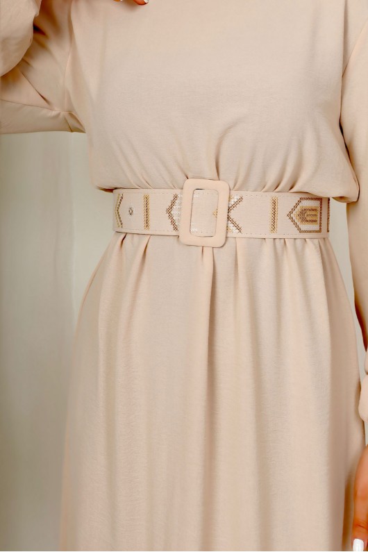 3135 - Kuşaklı Tesettür Elbise Bej-D 2