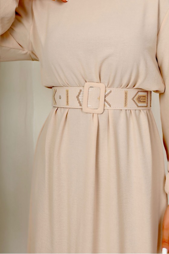 3135 - Kuşaklı Tesettür Elbise Bej-D 2