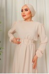 3135 - Kuşaklı Tesettür Elbise Bej-D 2