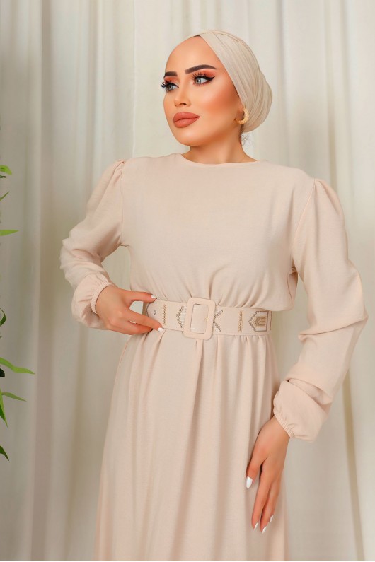 3135 - Kuşaklı Tesettür Elbise Bej-D 2