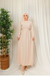 3135 - Kuşaklı Tesettür Elbise Bej-D 2