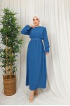 3135 - Kuşaklı Tesettür Elbise Mavi̇-D 2