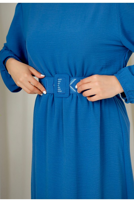 3135 - Kuşaklı Tesettür Elbise Mavi̇-D 2