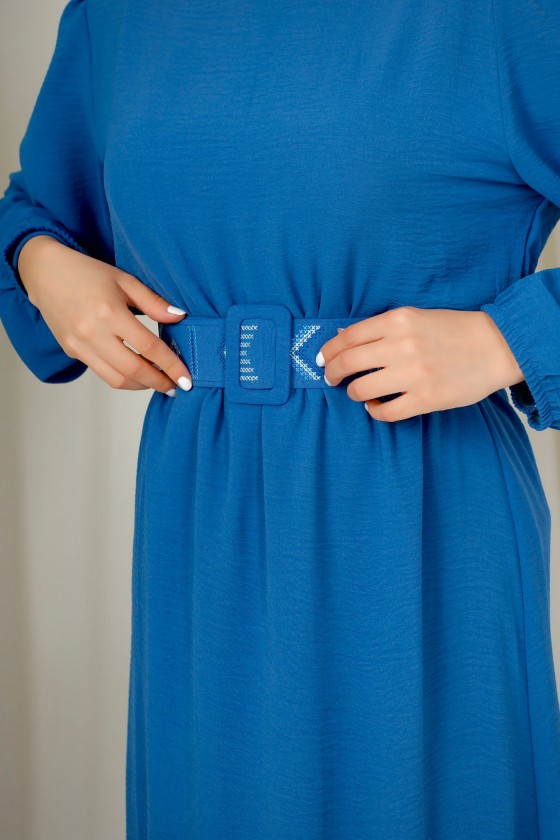 3135 - Kuşaklı Tesettür Elbise Mavi̇-D 2