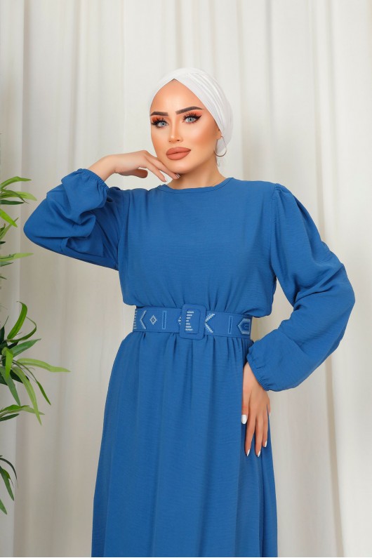 3135 - Kuşaklı Tesettür Elbise Mavi̇-D 2