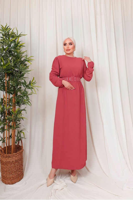3135 - Kuşaklı Tesettür Elbise Pembe-D 2 3135 - Kuşaklı Tesettür Elbise Pembe-D 2