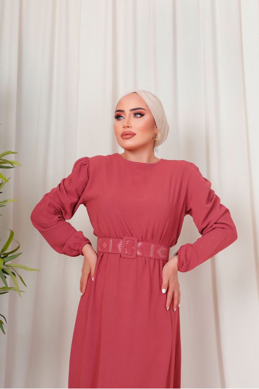 3135 - Kuşaklı Tesettür Elbise Pembe-D 2 3135 - Kuşaklı Tesettür Elbise Pembe-D 2
