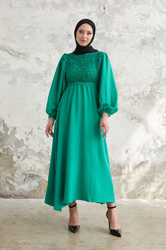 3355 - Örme Detaylı Tesettür Elbise Yeşi̇l-E3