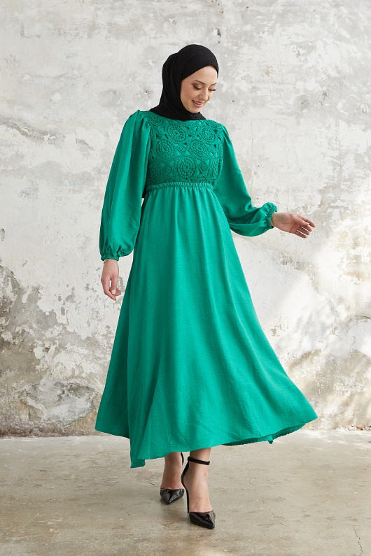 3355 - Örme Detaylı Tesettür Elbise Yeşi̇l-E3