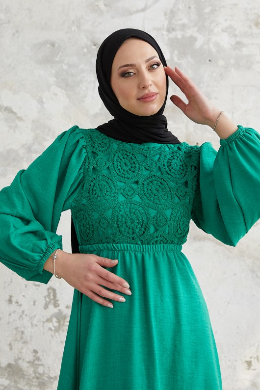 3355 - Örme Detaylı Tesettür Elbise Yeşi̇l-E3