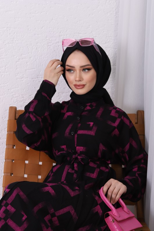 4222 - Desenli Tesettür Elbise Mor