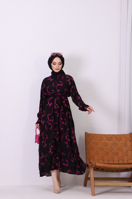 4222 - Desenli Tesettür Elbise Mor