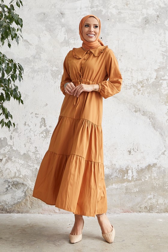 4392 - Bel Büzgülü Tesettür Elbise Turuncu