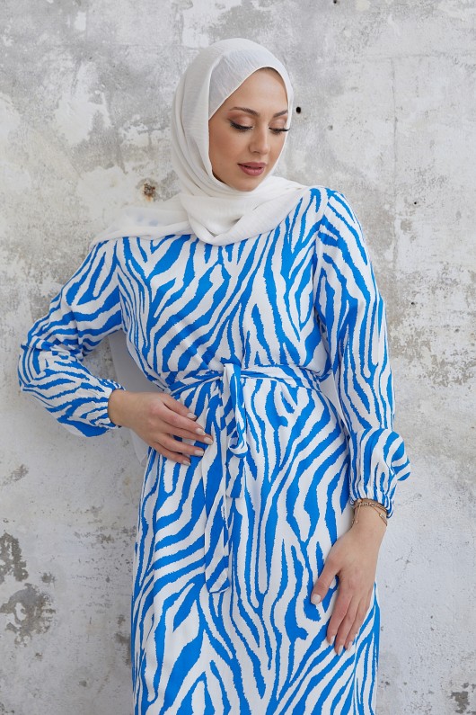 4499 -Desenli Tesettür Elbise Mavi̇-A1 4499 -Desenli Tesettür Elbise Mavi̇-A1