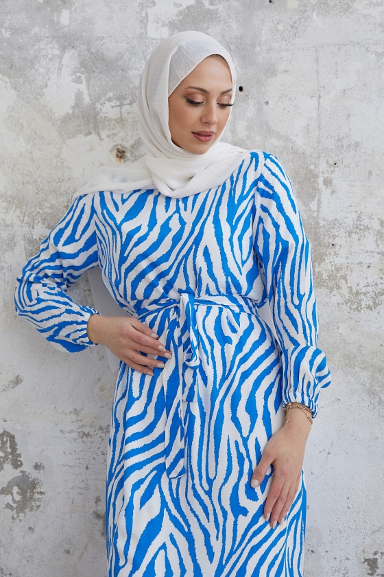 4499 -Desenli Tesettür Elbise Mavi̇-A1