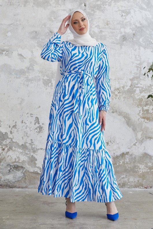 4499 -Desenli Tesettür Elbise Mavi̇-A1 4499 -Desenli Tesettür Elbise Mavi̇-A1