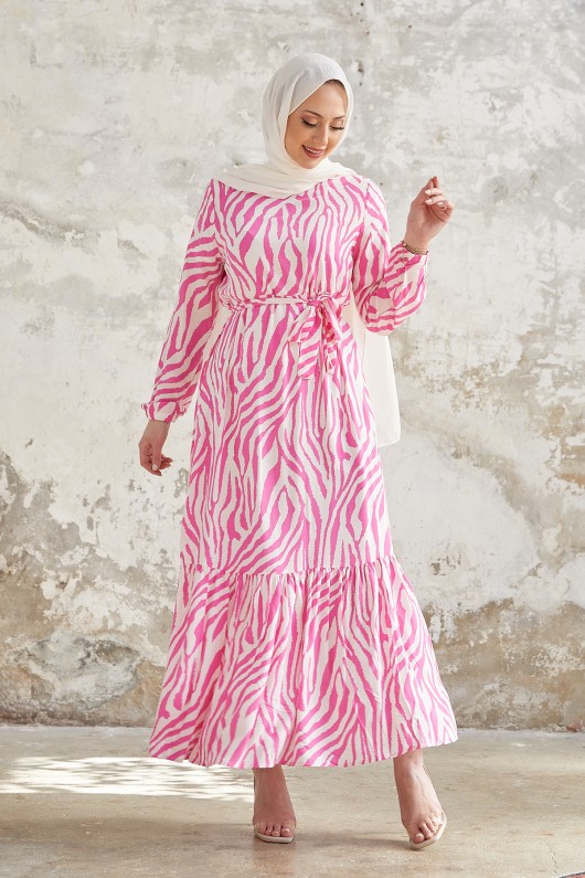 4499 - Desenli Tesettür Elbise Pembe-A1 4499 - Desenli Tesettür Elbise Pembe-A1