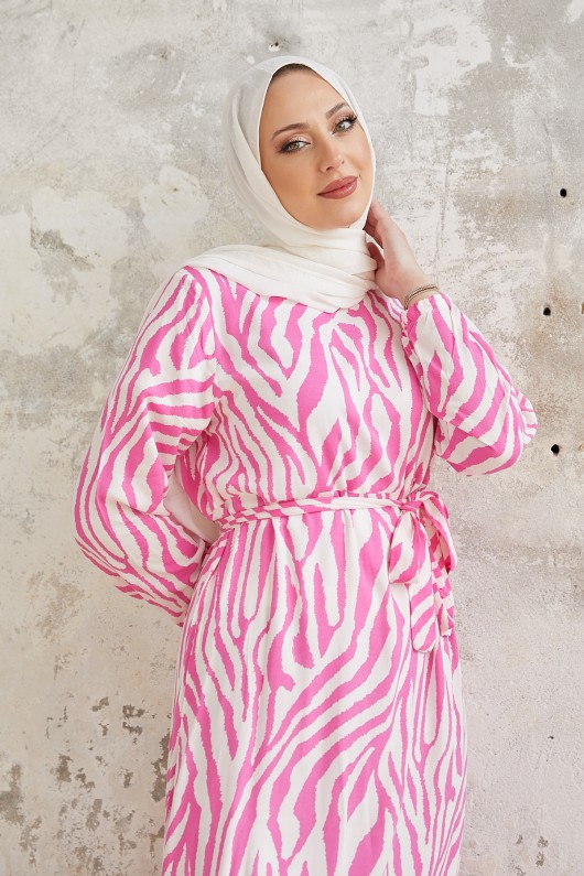 4499 - Desenli Tesettür Elbise Pembe-A1 4499 - Desenli Tesettür Elbise Pembe-A1