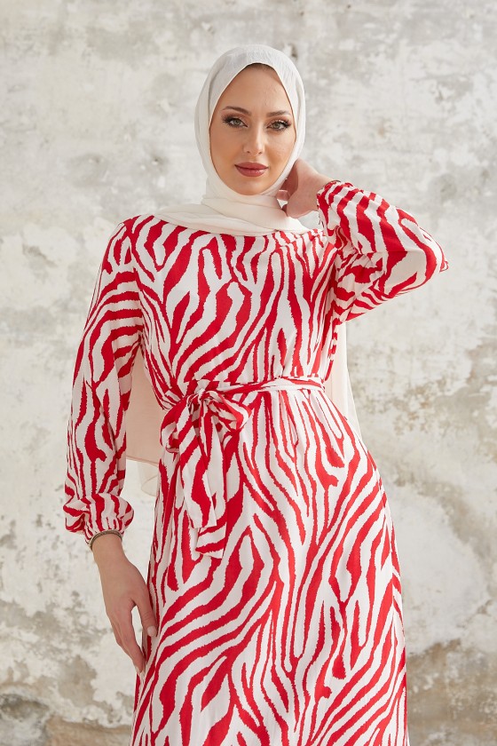 4499- Desenli Tesettür Elbise Kirmizi-A1