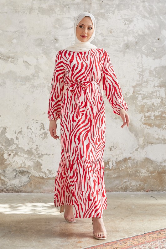 4499- Desenli Tesettür Elbise Kirmizi-A1 4499- Desenli Tesettür Elbise Kirmizi-A1
