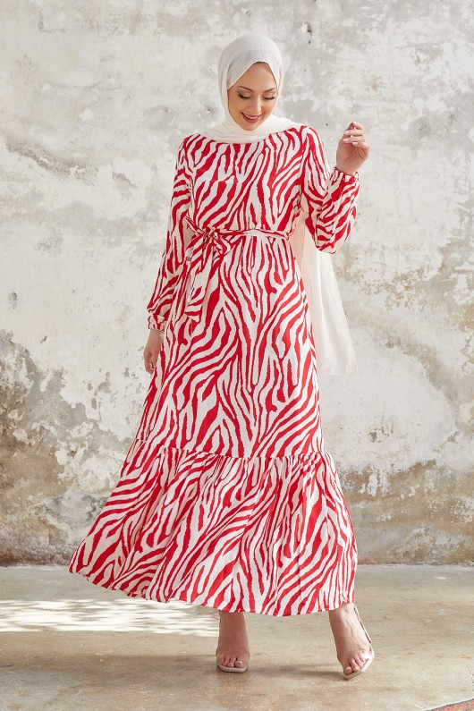 4499- Desenli Tesettür Elbise Kirmizi-A1 4499- Desenli Tesettür Elbise Kirmizi-A1