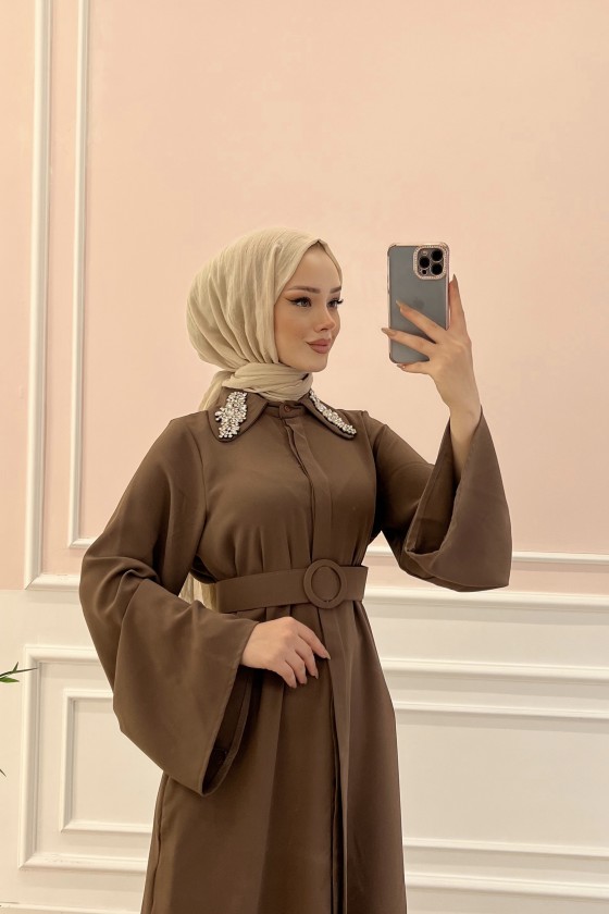 6352 - Kemerli Tesettür Tunik Kahverengi̇-B7