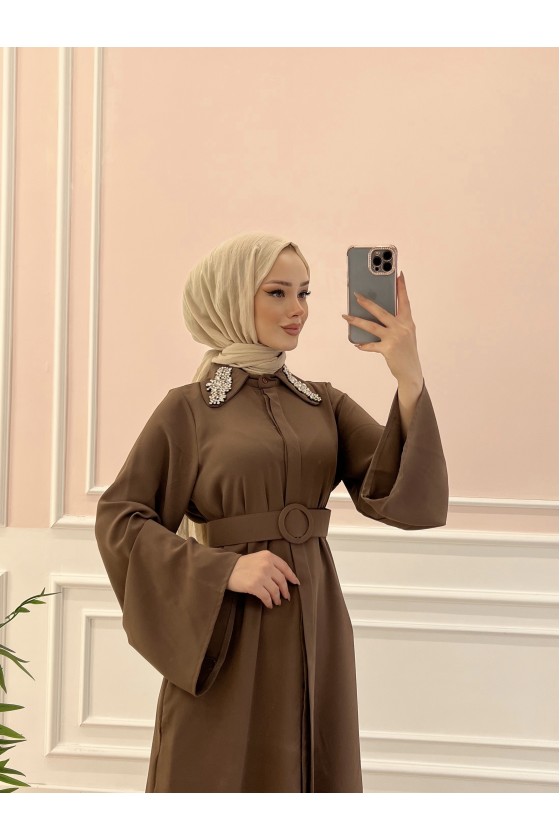6352 - Kemerli Tesettür Tunik Kahverengi̇-B7