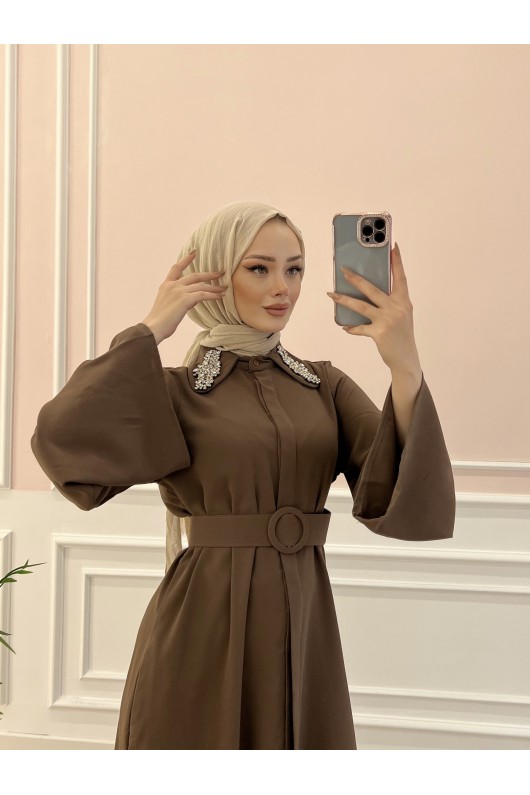 6352 - Kemerli Tesettür Tunik Kahverengi̇-B7 6352 - Kemerli Tesettür Tunik Kahverengi̇-B7