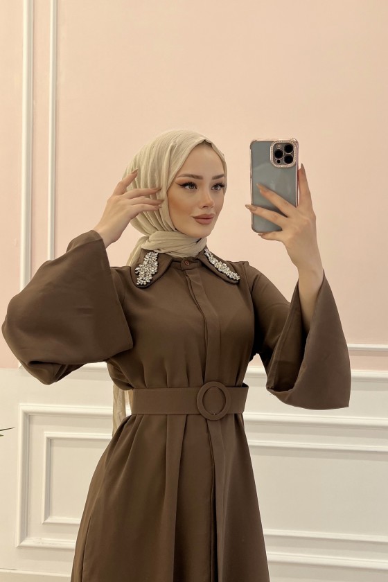 6352 - Kemerli Tesettür Tunik Kahverengi̇-B7 6352 - Kemerli Tesettür Tunik Kahverengi̇-B7