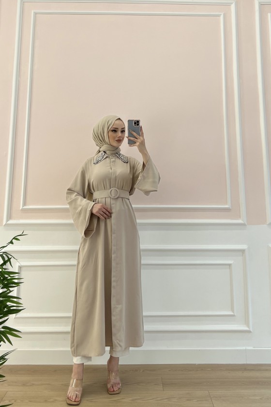 6352 - Kemerli Tesettür Tunik Bej-B7