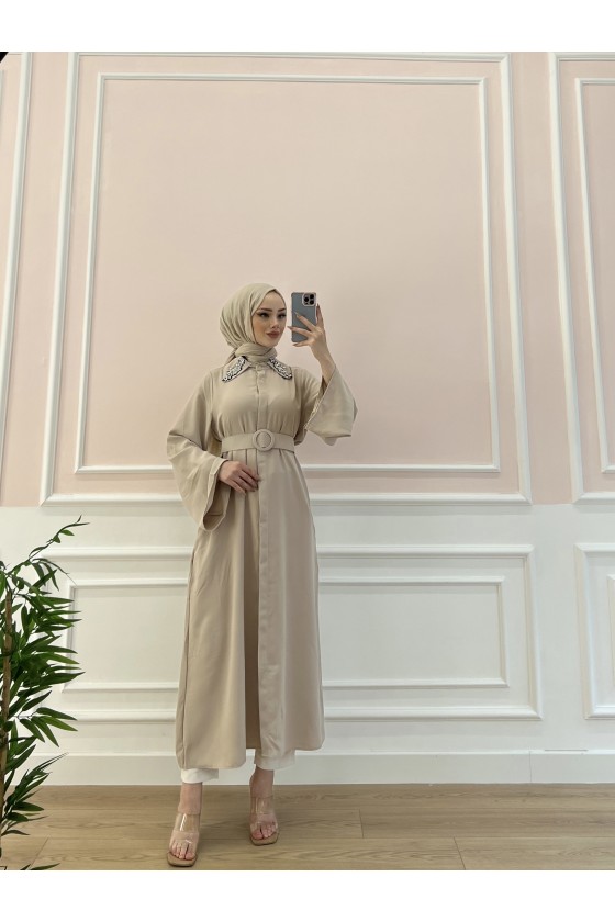 6352 - Kemerli Tesettür Tunik Bej-B7