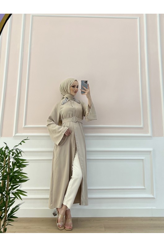 6352 - Kemerli Tesettür Tunik Bej-B7