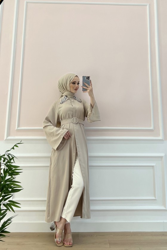 6352 - Kemerli Tesettür Tunik Bej-B7 6352 - Kemerli Tesettür Tunik Bej-B7