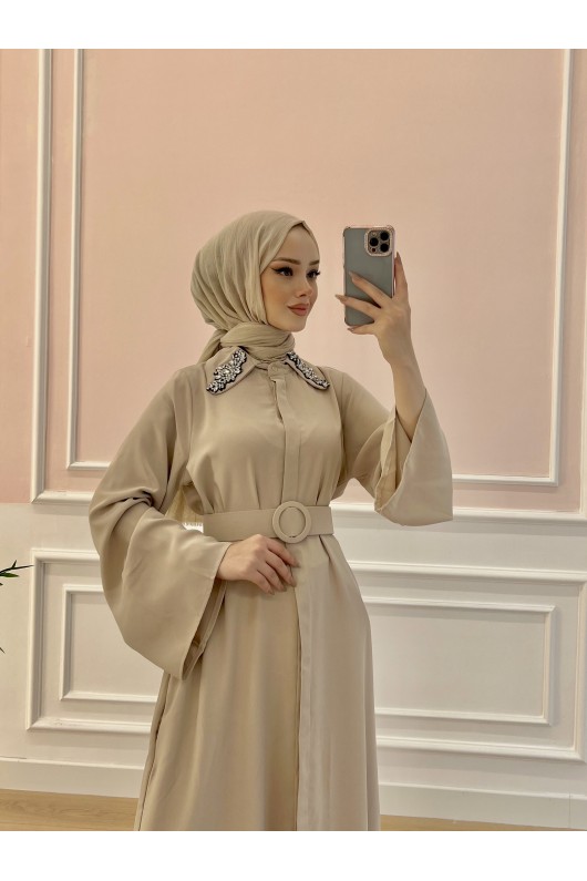 6352 - Kemerli Tesettür Tunik Bej-B7