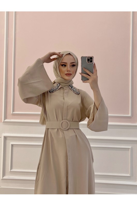 6352 - Kemerli Tesettür Tunik Bej-B7