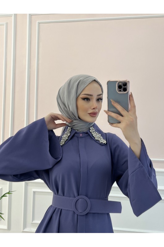 6352 - Kemerli Tesettür Tunik Mor-B7