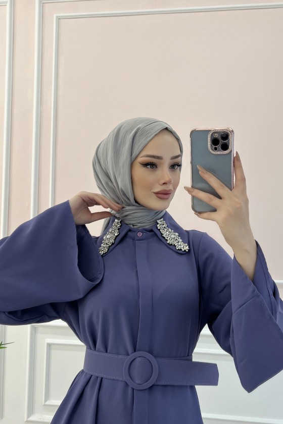 6352 - Kemerli Tesettür Tunik Mor-B7