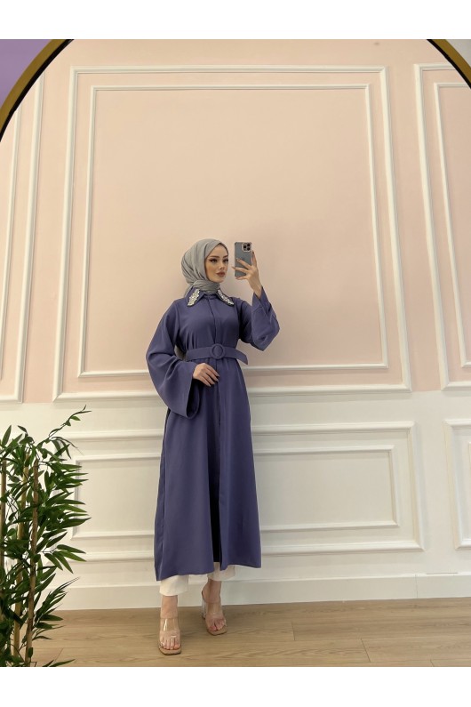 6352 - Kemerli Tesettür Tunik Mor-B7