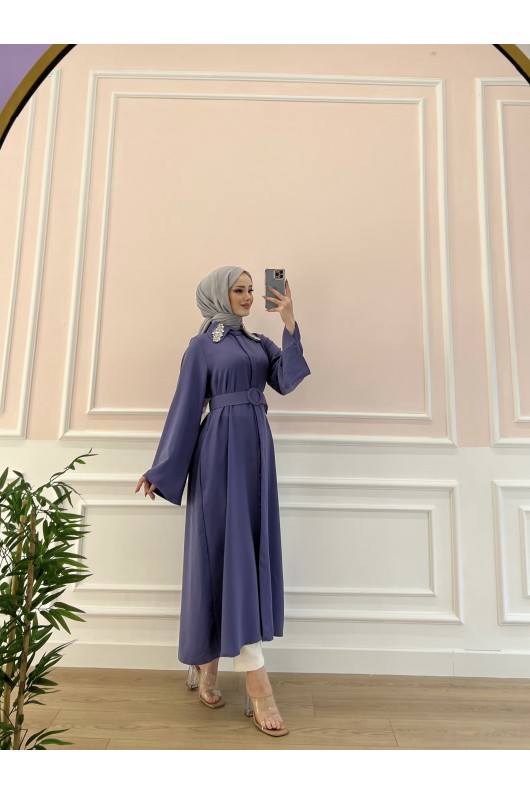 6352 - Kemerli Tesettür Tunik Mor-B7