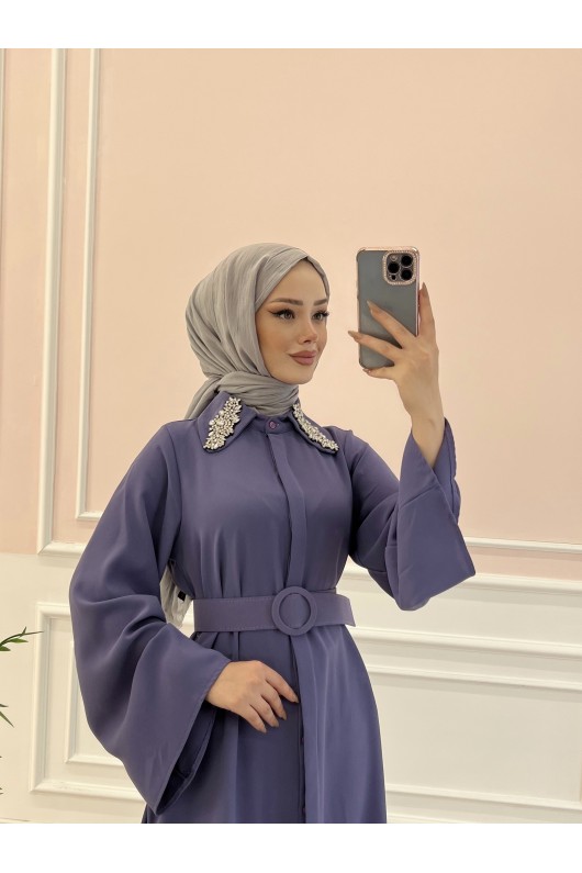 6352 - Kemerli Tesettür Tunik Mor-B7