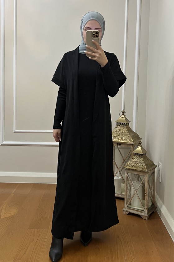 4441 Hırka Elbise Tesettür Takım Si̇yah İ-2