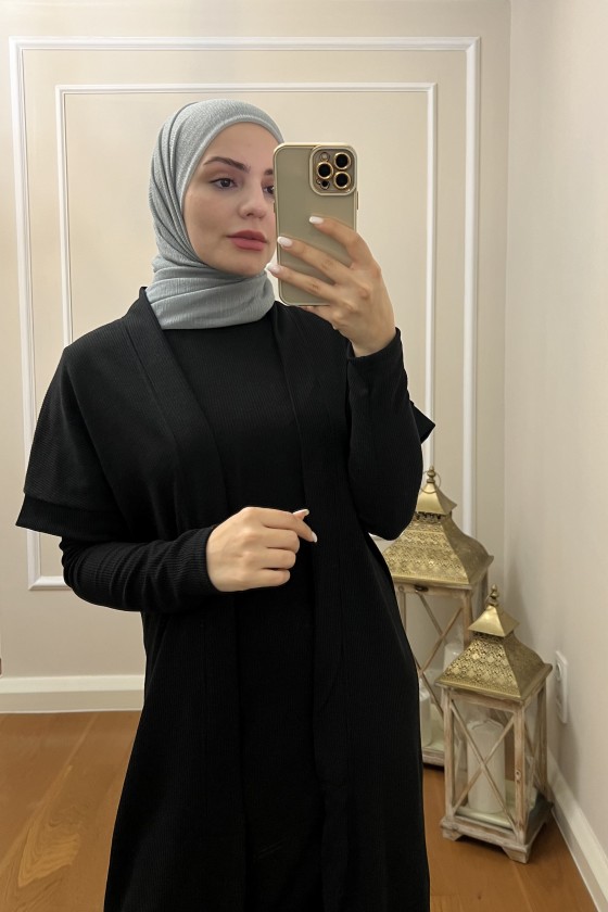 4441 Hırka Elbise Tesettür Takım Si̇yah İ-2