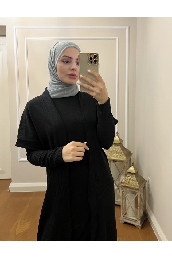 4441 Hırka Elbise Tesettür Takım Si̇yah İ-2