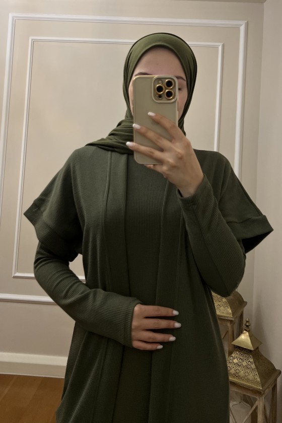 4441 Hırka Elbise Tesettür Takım Haki̇ İ-2