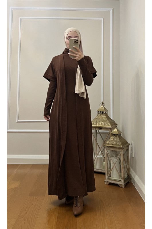 4441 Hırka Elbise Tesettür Takım Kahverengi̇ İ-2
