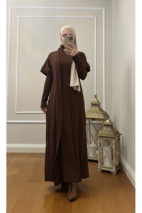 4441 Hırka Elbise Tesettür Takım Kahverengi̇ İ-2