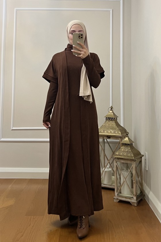 4441 Hırka Elbise Tesettür Takım Kahverengi̇ İ-2