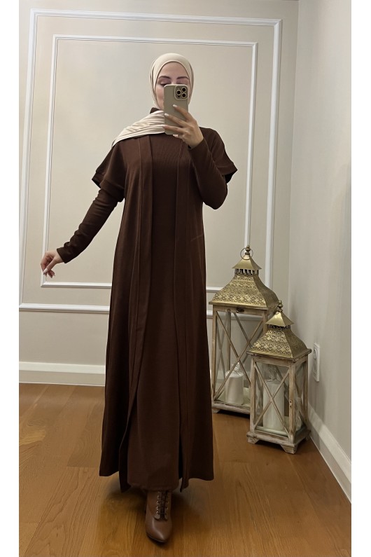 4441 Hırka Elbise Tesettür Takım Kahverengi̇ İ-2
