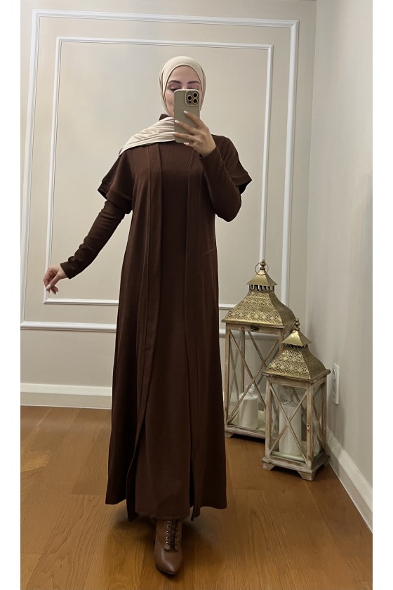 4441 Hırka Elbise Tesettür Takım Kahverengi̇ İ-2