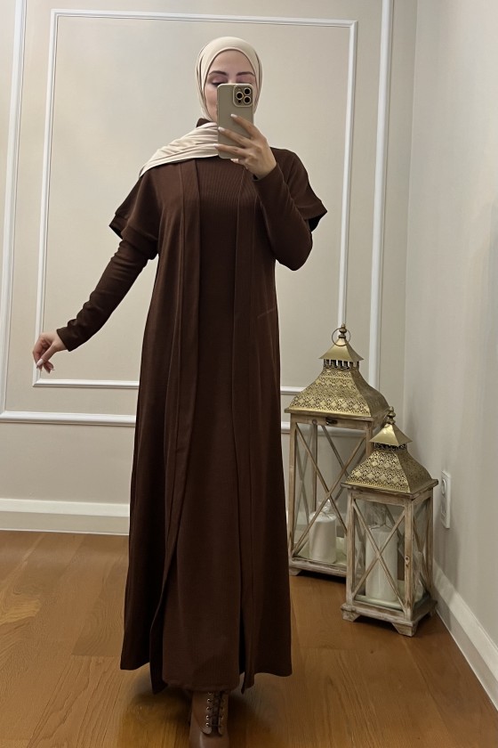 4441 Hırka Elbise Tesettür Takım Kahverengi̇ İ-2